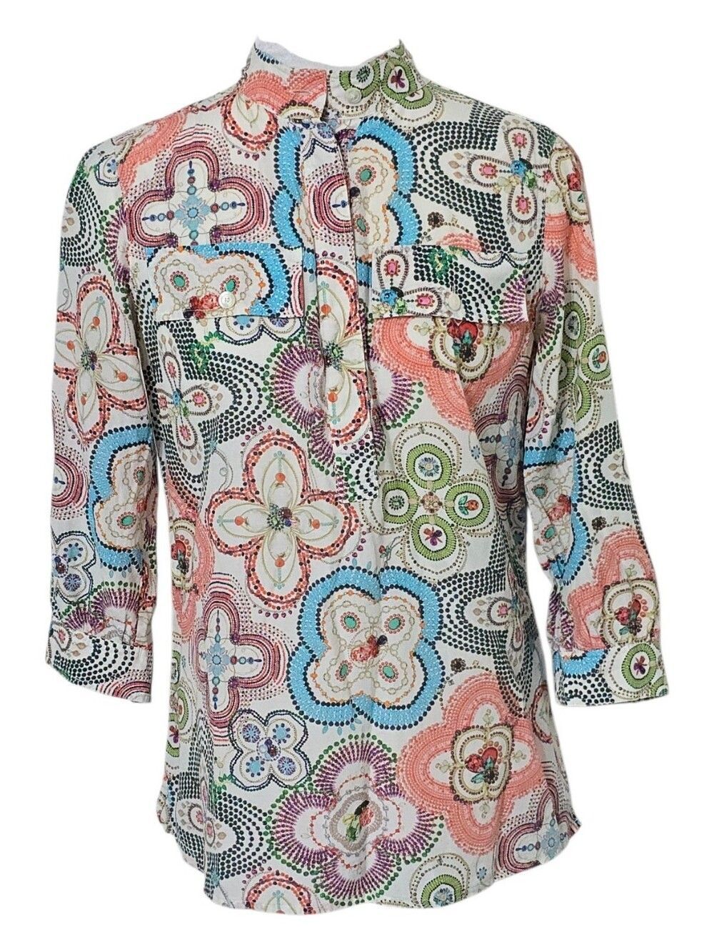70s Etcetera Retro Floral Dot-Print Henley Tunic Blouse Silk Blend Artsy Size 6